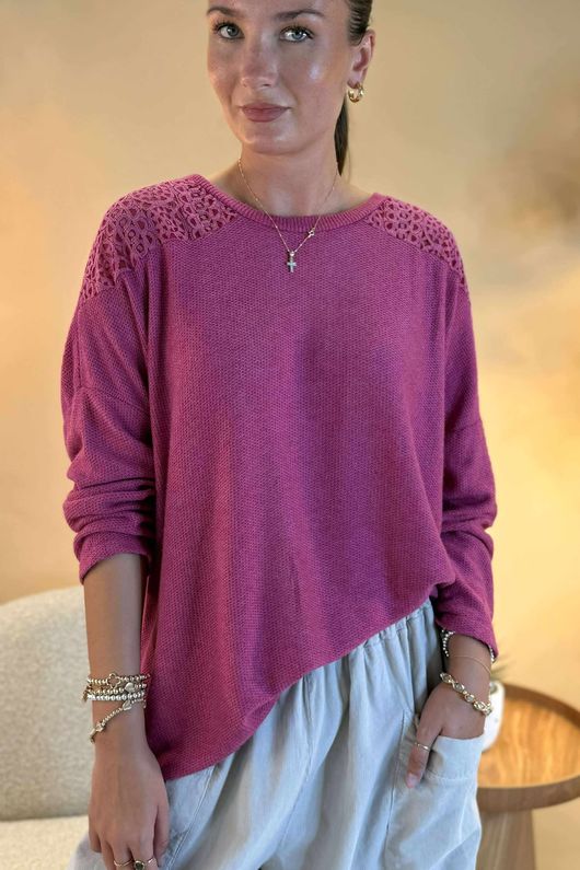 Made in Italy Fifi Lace Shoulder Fine Knit Top Cranberry /6 =